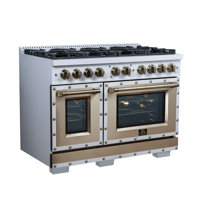 Forno - 48" Dual Fuel Range, 8 burners, in white with copper Trim