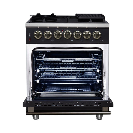 Forno Massimo 30-Inch Freestanding Dual Fuel Range in Black with Antique Brass Accessories, 4 Burners, 4.32 cu. ft. Convection Oven