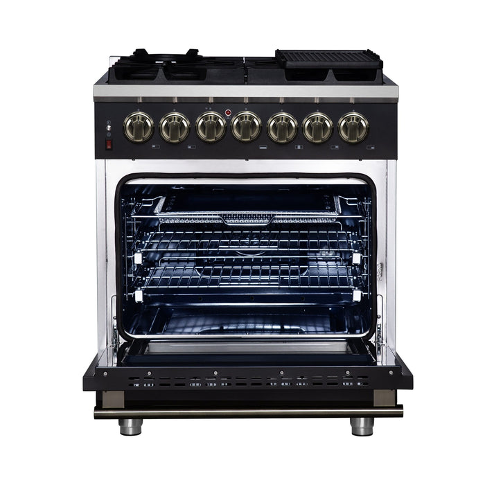 Forno Massimo 30-Inch Freestanding Dual Fuel Range in Black with Antique Brass Accessories, 4 Burners, 4.32 cu. ft. Convection Oven