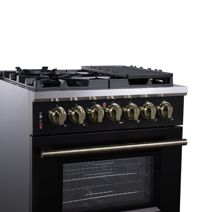 Forno Massimo 30-Inch Freestanding Dual Fuel Range in Black with Antique Brass Accessories, 4 Burners, 4.32 cu. ft. Convection Oven