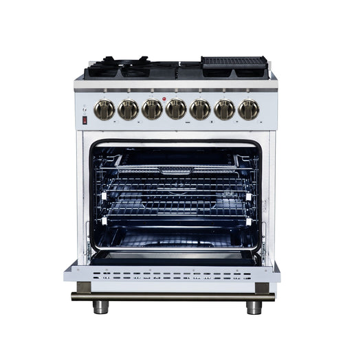 Forno Massimo 30-Inch Freestanding Dual Fuel Range in White with Antique Brass Accessories, 4 Burners, 4.32 cu. ft. Convection Oven