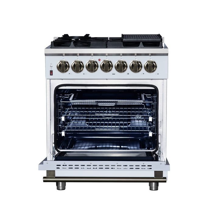 Forno Massimo 30-Inch Freestanding Dual Fuel Range in White with Antique Brass Accessories, 4 Burners, 4.32 cu. ft. Convection Oven