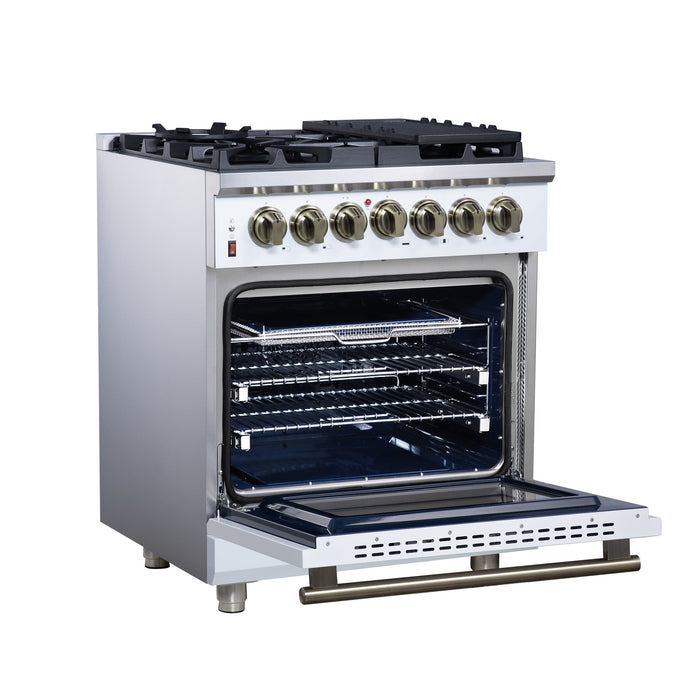 Forno Massimo 30-Inch Freestanding Dual Fuel Range in White with Antique Brass Accessories, 4 Burners, 4.32 cu. ft. Convection Oven