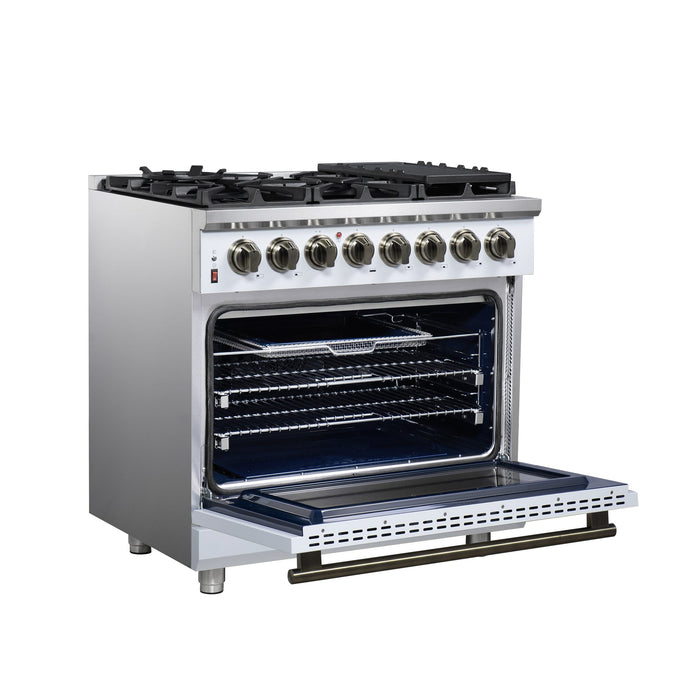 Forno Massimo 36 Inch Freestanding Dual Fuel Range in White with Antique Brass Accessories, 6 Burners, 5.36 cu. ft. Convection Oven