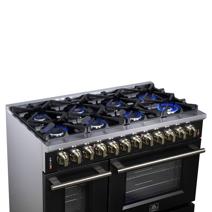 Forno Massimo 48 Inch Freestanding Dual Fuel Range in Black with Antique Brass Accessories, 8 Burners, 6.58 cu. ft. Convection Oven