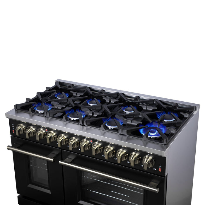 Forno Massimo 48 Inch Freestanding Dual Fuel Range in Black with Antique Brass Accessories, 8 Burners, 6.58 cu. ft. Convection Oven