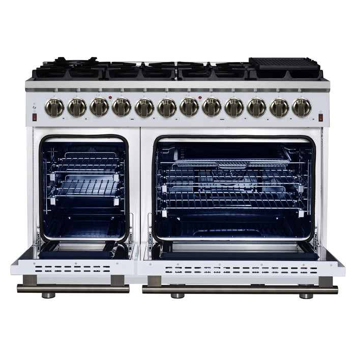 Forno Massimo 48 Inch Freestanding Dual Fuel Range in White with Antique Brass Accessories, 8 Burners, 6.58 cu. ft. Convection Oven
