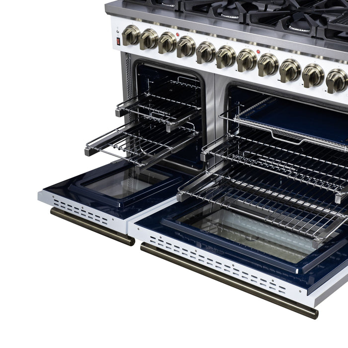 Forno Massimo 48 Inch Freestanding Dual Fuel Range in White with Antique Brass Accessories, 8 Burners, 6.58 cu. ft. Convection Oven