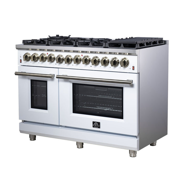 Forno Massimo 48 Inch Freestanding Dual Fuel Range in White with Antique Brass Accessories, 8 Burners, 6.58 cu. ft. Convection Oven