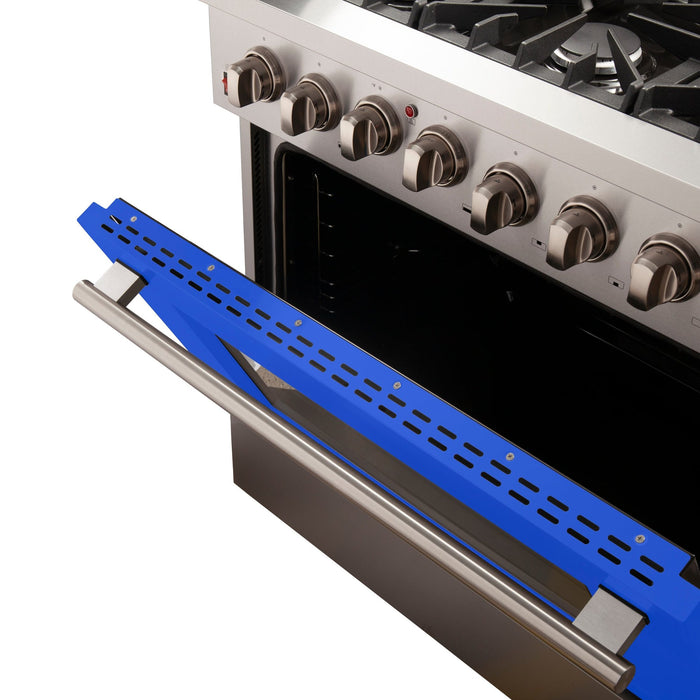Forno Galiano 36-Inch Freestanding Dual Fuel Range, 6 Burners, Double Convection Ovens, Blue Door