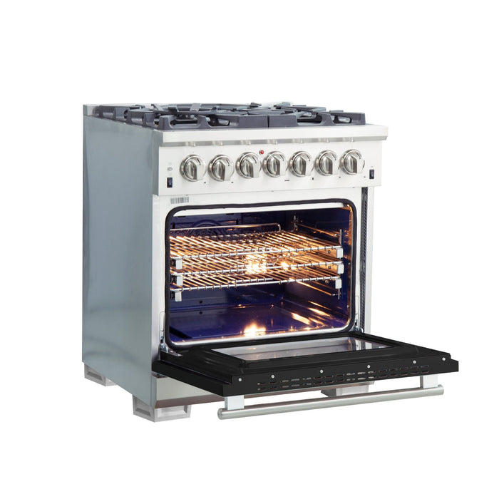 Forno Capriasca 30-Inch Freestanding Dual Fuel Range, 4 Burners, True Convection Oven, Black Door