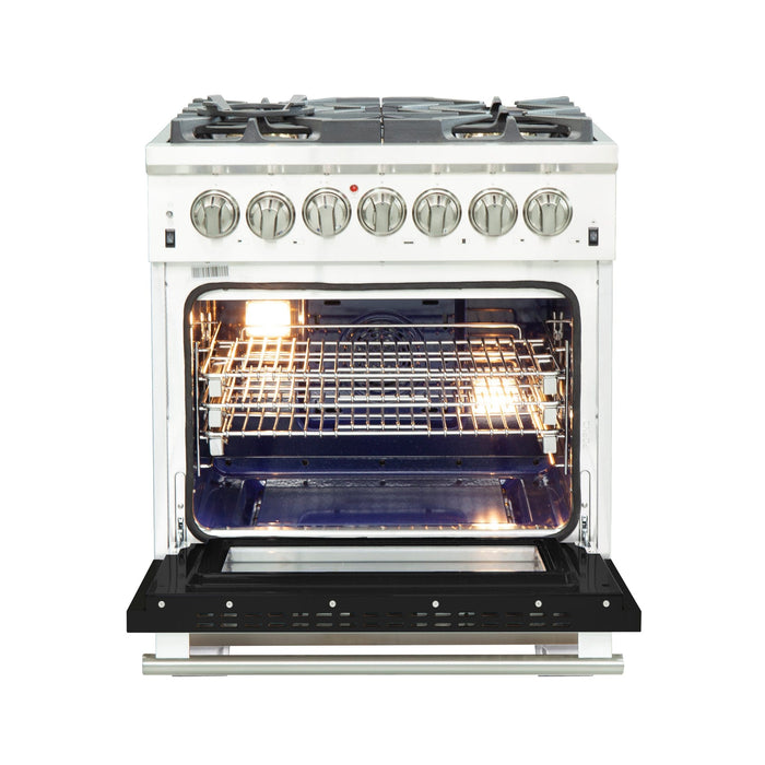 Forno Capriasca 30-Inch Freestanding Dual Fuel Range, 4 Burners, True Convection Oven, Black Door