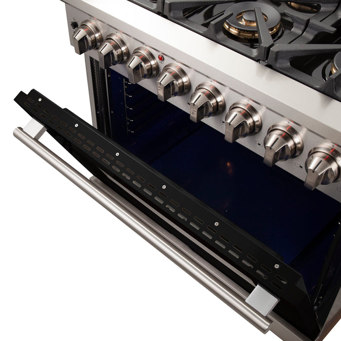 Forno Capriasca 36-Inch Freestanding Dual Fuel Range, 6 Burners, True Convection Oven, Black Door