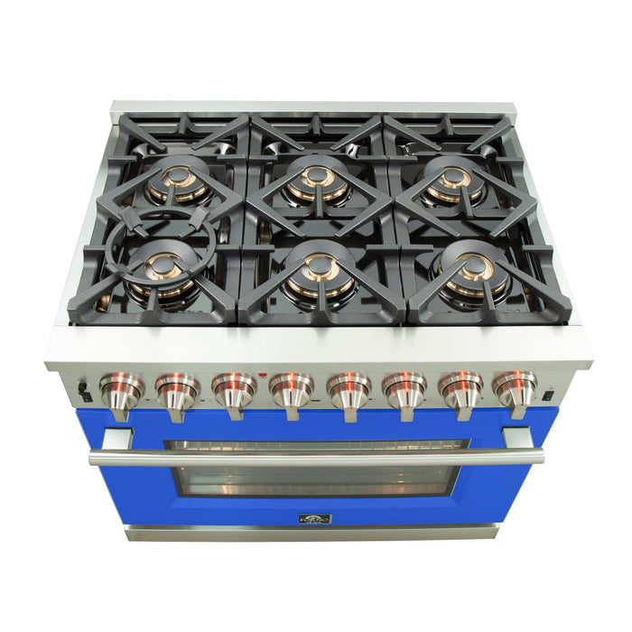 Forno Capriasca 36-Inch Freestanding Dual Fuel Range, 6 Burners, True Convection Oven, Blue Door