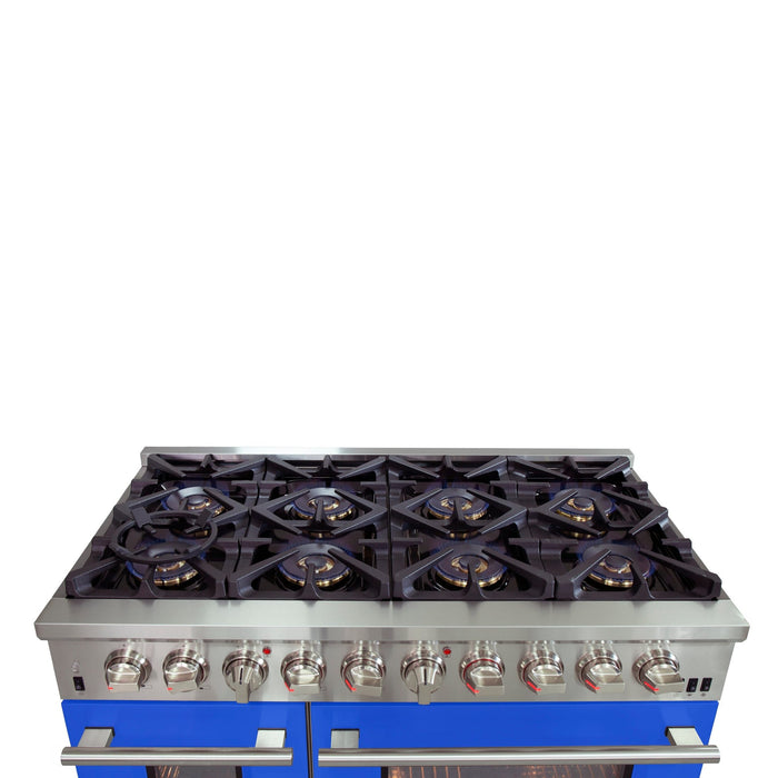 Forno Capriasca 48-Inch Freestanding Dual Fuel Range, 8 Burners, True Convection Oven, Blue Doors