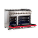 Forno Capriasca 48-Inch Freestanding Dual Fuel Range, 8 Burners, True Convection Oven, Red Doors