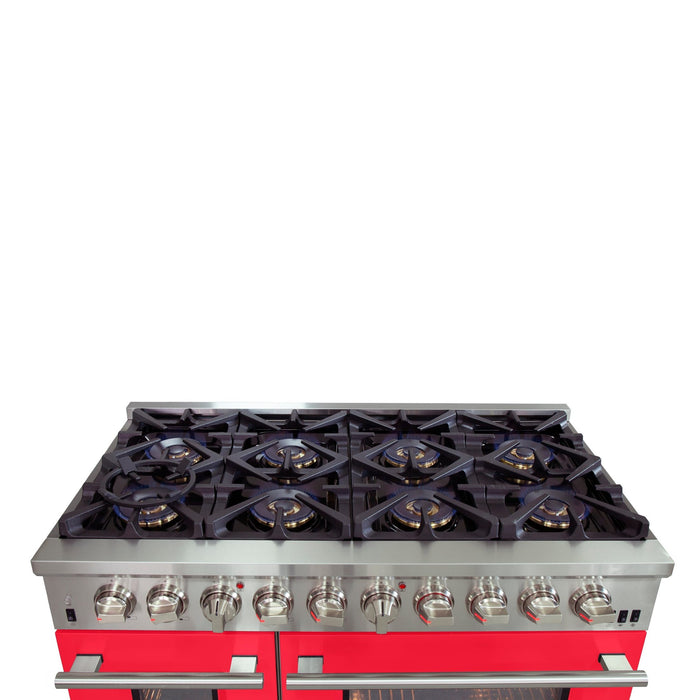 Forno Capriasca 48-Inch Freestanding Dual Fuel Range, 8 Burners, True Convection Oven, Red Doors