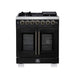 Forno Capriasca 30-Inch Freestanding French Door Dual Fuel Range in Black with Antique Brass Accessories, 5 Burners, True Convection Oven