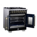 Forno Capriasca 30-Inch Freestanding French Door Dual Fuel Range in Black with Antique Brass Accessories, 5 Burners, True Convection Oven