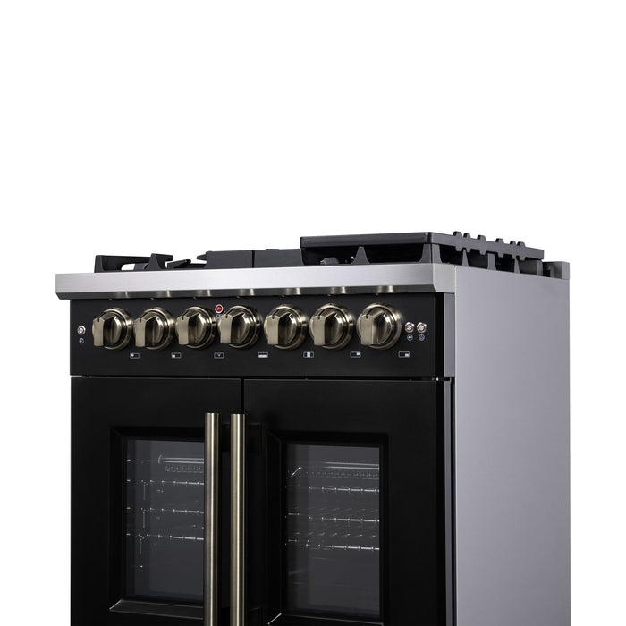 Forno Capriasca 30-Inch Freestanding French Door Dual Fuel Range in Black with Antique Brass Accessories, 5 Burners, True Convection Oven