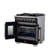 Forno Capriasca 30-Inch Freestanding French Door Dual Fuel Range in Black with Antique Brass Accessories, 5 Burners, True Convection Oven
