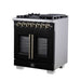 Forno Capriasca 30-Inch Freestanding French Door Dual Fuel Range in Black with Antique Brass Accessories, 5 Burners, True Convection Oven
