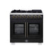Forno Capriasca 36 Inch Freestanding French Door Dual Fuel Range in Black with Antique Brass Accessories, 6 Burners, True Convection Oven