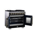 Forno Capriasca 36 Inch Freestanding French Door Dual Fuel Range in Black with Antique Brass Accessories, 6 Burners, True Convection Oven