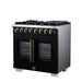 Forno Capriasca 36 Inch Freestanding French Door Dual Fuel Range in Black with Antique Brass Accessories, 6 Burners, True Convection Oven