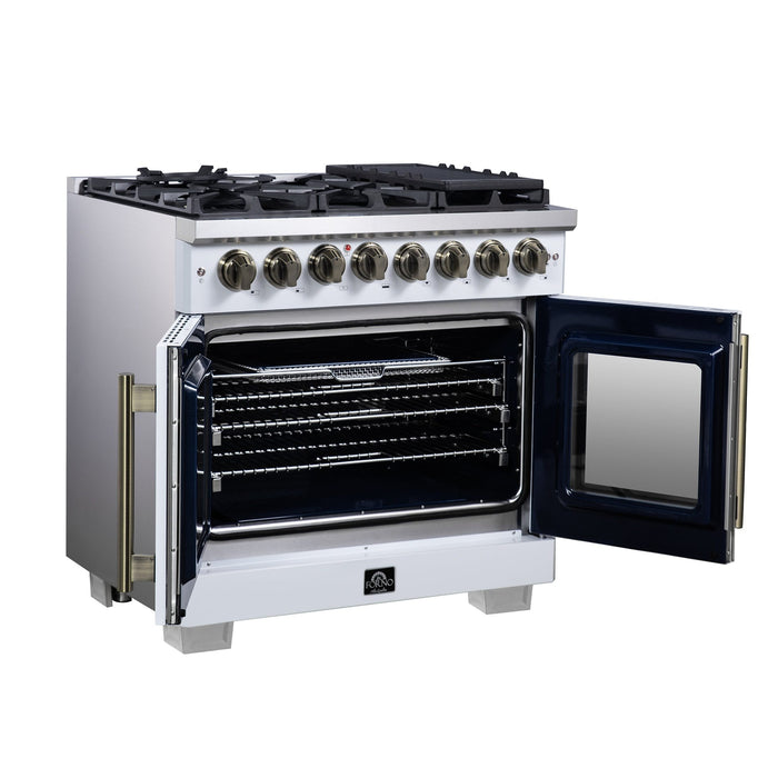 Forno Capriasca 36 Inch Freestanding French Door Dual Fuel Range in White with Antique Brass Accessories, 6 Burners, True Convection Oven