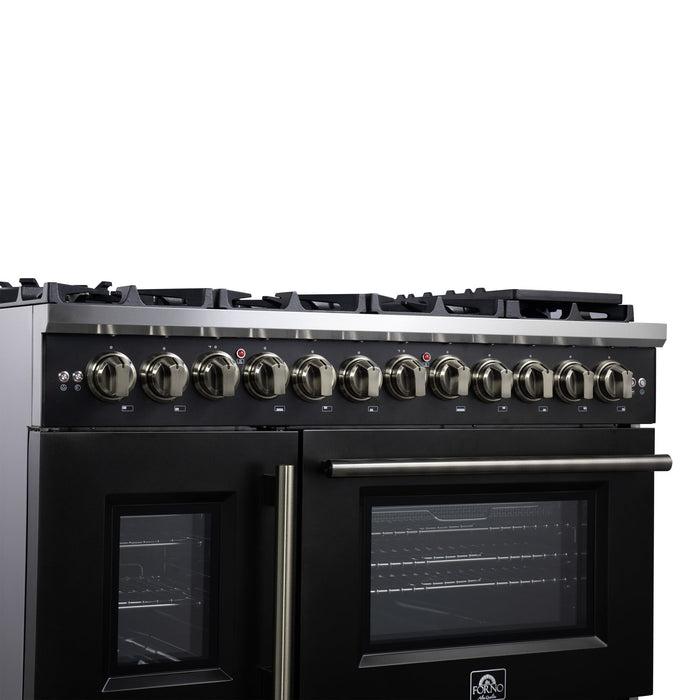 Forno Capriasca 48 Inch Freestanding French Door Dual Fuel Range in Black with Antique Brass Accessories, 8 Burners, True Convection Oven