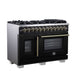 Forno Capriasca 48 Inch Freestanding French Door Dual Fuel Range in Black with Antique Brass Accessories, 8 Burners, True Convection Oven