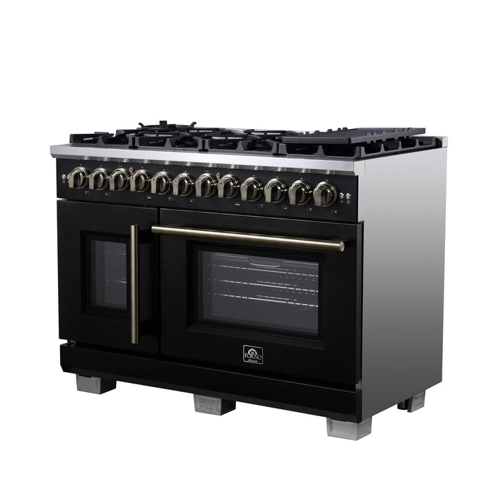 Forno Capriasca 48 Inch Freestanding French Door Dual Fuel Range in Black with Antique Brass Accessories, 8 Burners, True Convection Oven