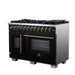 Forno Capriasca 48 Inch Freestanding French Door Dual Fuel Range in Black with Antique Brass Accessories, 8 Burners, True Convection Oven
