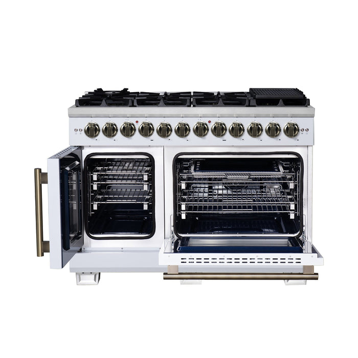 Forno Capriasca 48 Inch Freestanding French Door Dual Fuel Range in White with Antique Brass Accessories, 8 Burners, True Convection Oven