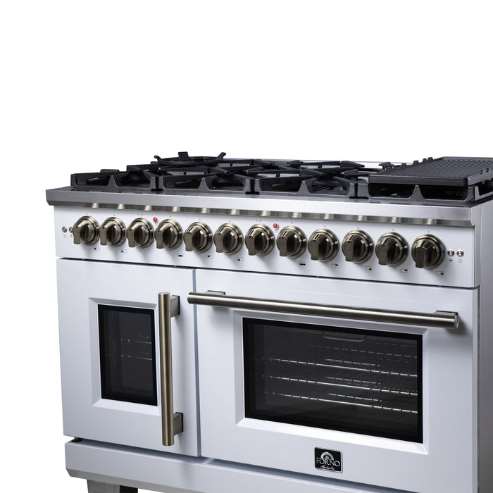 Forno Capriasca 48 Inch Freestanding French Door Dual Fuel Range in White with Antique Brass Accessories, 8 Burners, True Convection Oven