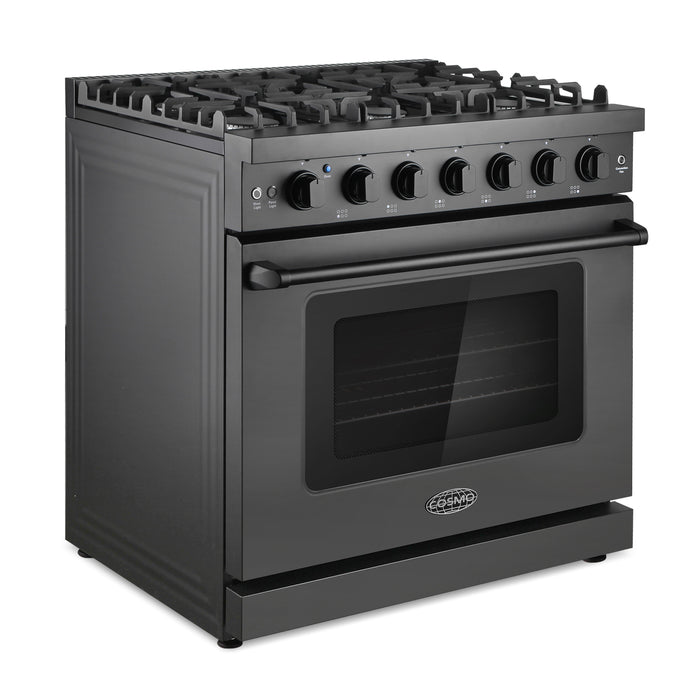 Cosmo 36 in. Haven Collection 6.0 cu. ft. Gas Range, 6 Burners, Convection Oven, Knob LEDs, Storage Drawer, Matte Black - COS-EPGR366-BK