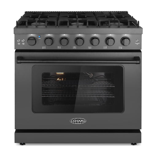 Cosmo 36 in. Haven Collection 6.0 cu. ft. Gas Range, 6 Burners, Convection Oven, Knob LEDs, Storage Drawer, Matte Black - COS-EPGR366-BK