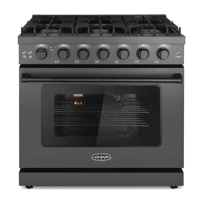 Cosmo 36 in. Haven Collection 6.0 cu. ft. Gas Range, 6 Burners, Convection Oven, Knob LEDs, Storage Drawer, Matte Black - COS-EPGR366-BK