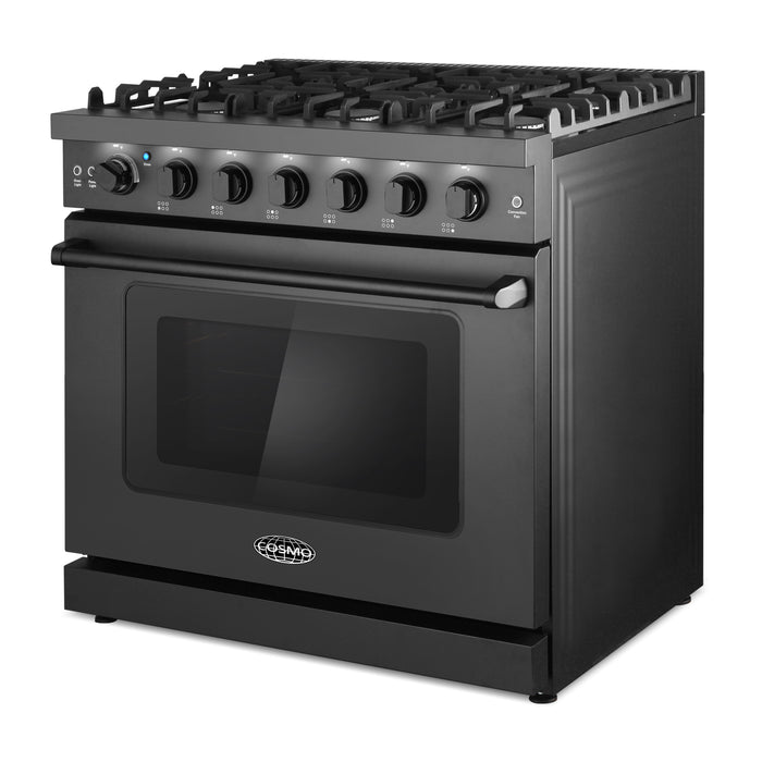Cosmo 36 in. Haven Collection 6.0 cu. ft. Gas Range, 6 Burners, Convection Oven, Knob LEDs, Storage Drawer, Matte Black - COS-EPGR366-BK