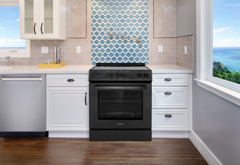 Cosmo 30 in. Stellar Collection 4.9 cu. ft. Electric Range with 4 Burner Glass Cooktop and Convection Oven in Matte Black - COS-ERD304K-BK