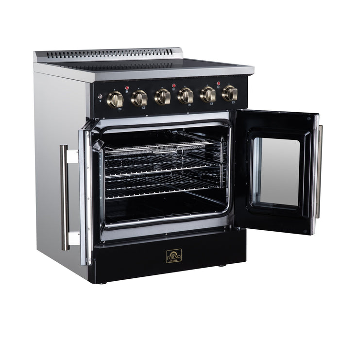 Forno Galiano 30 Inch French Door Electric Range, 4 Radiant Burners, 4.32 Cu. Ft. True Convection Oven, Air Fryer Kit, Black - FFSEL6917-30BLK