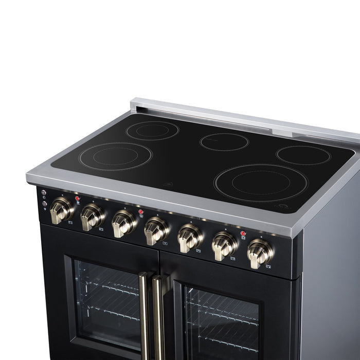 Forno Massimo 36 Inch French Door Electric Range, 5 Radiant Burners, 5.36 Cu. Ft. True Convection Oven, Air Fryer Kit, Black - FFSEL6955-36BLK