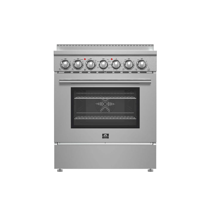 FORNO 5-Piece Stainless Steel Kitchen Bundle – Home Depot Exclusive – 30” Electric Range, 30” French Door Refrigerator, 30” Range Hood, 24” Microwave Drawer, 24” Built-In Dishwasher | SKU: FBDL-THD-003