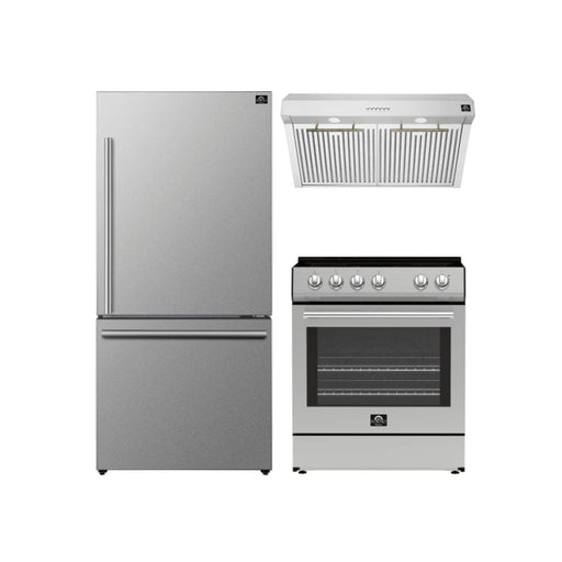 FORNO Premium 3-Piece Kitchen Bundle - Leonardo Espresso 30" Electric Range, 30" Under Cabinet Range Hood, 31" Bottom Freezer Refrigerator - Stainless Steel with Antique Brass Handles - FBDL-001-01CA