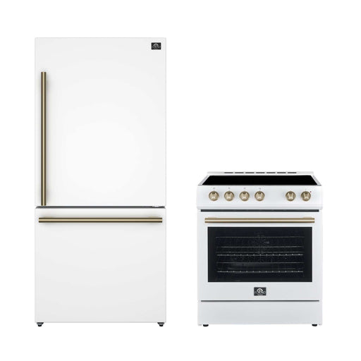 FORNO Premium 2-Piece Kitchen Bundle - Leonardo Espresso 30" White Range, 31" White Bottom Freezer Refrigerator - FBDL-003-03CA