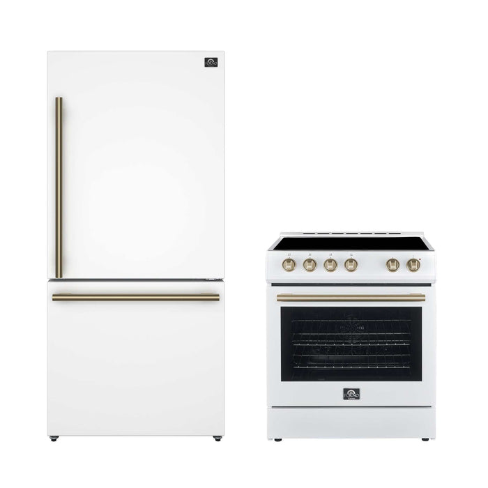 FORNO Premium 2-Piece Kitchen Bundle - Leonardo Espresso 30" White Range, 31" White Bottom Freezer Refrigerator - FBDL-003-03CA