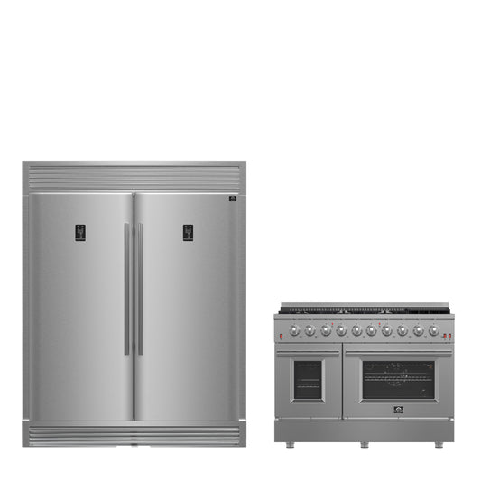 FORNO Premium 2-Piece Kitchen Bundle - Galiano 48" Dual Fuel Stainless Steel Range, Rizzuto 60" W. Dual Combo Convertible Refrigerator - FBDL-017-01CAUS