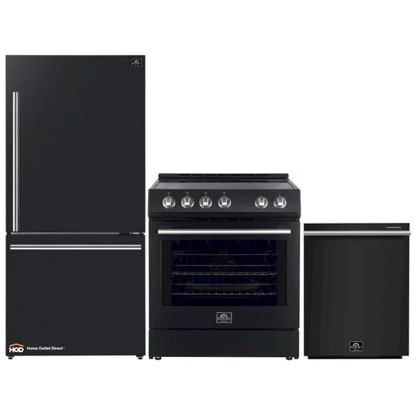 FORNO 3-Piece Appliance Package - 30-Inch Leonardo Espresso Electric Range, Refrigerator, & Dishwasher in Black with Stainless Steel Handle FBDL-007-02US