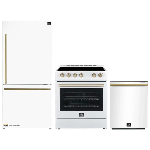 FORNO 3-Piece Appliance Package - 30-Inch Leonardo Espresso Electric Range, Refrigerator, & Dishwasher in White with Antique Brass Handle FBDL-007-03US